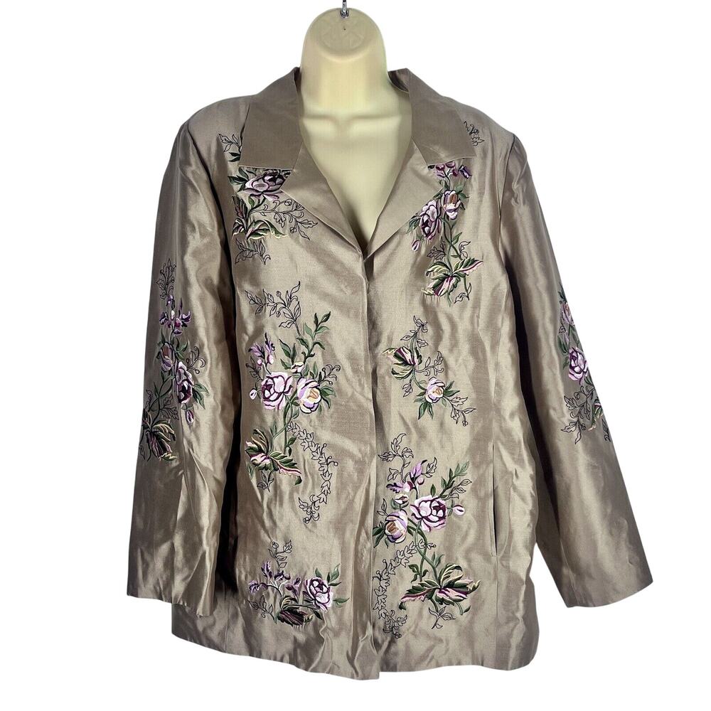Nolan Miller Silk Jacket Retro Size Large Tan Vintage Floral Embroidered Runway